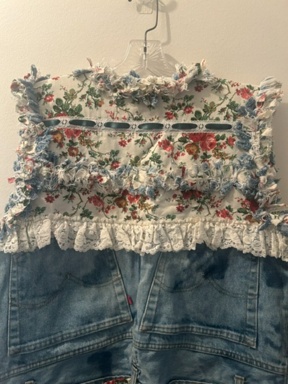 One of a Kind Upcycled Handcrafted Floral Lace Ribbon Distressed Denim Vest - Picture 12 of 16
